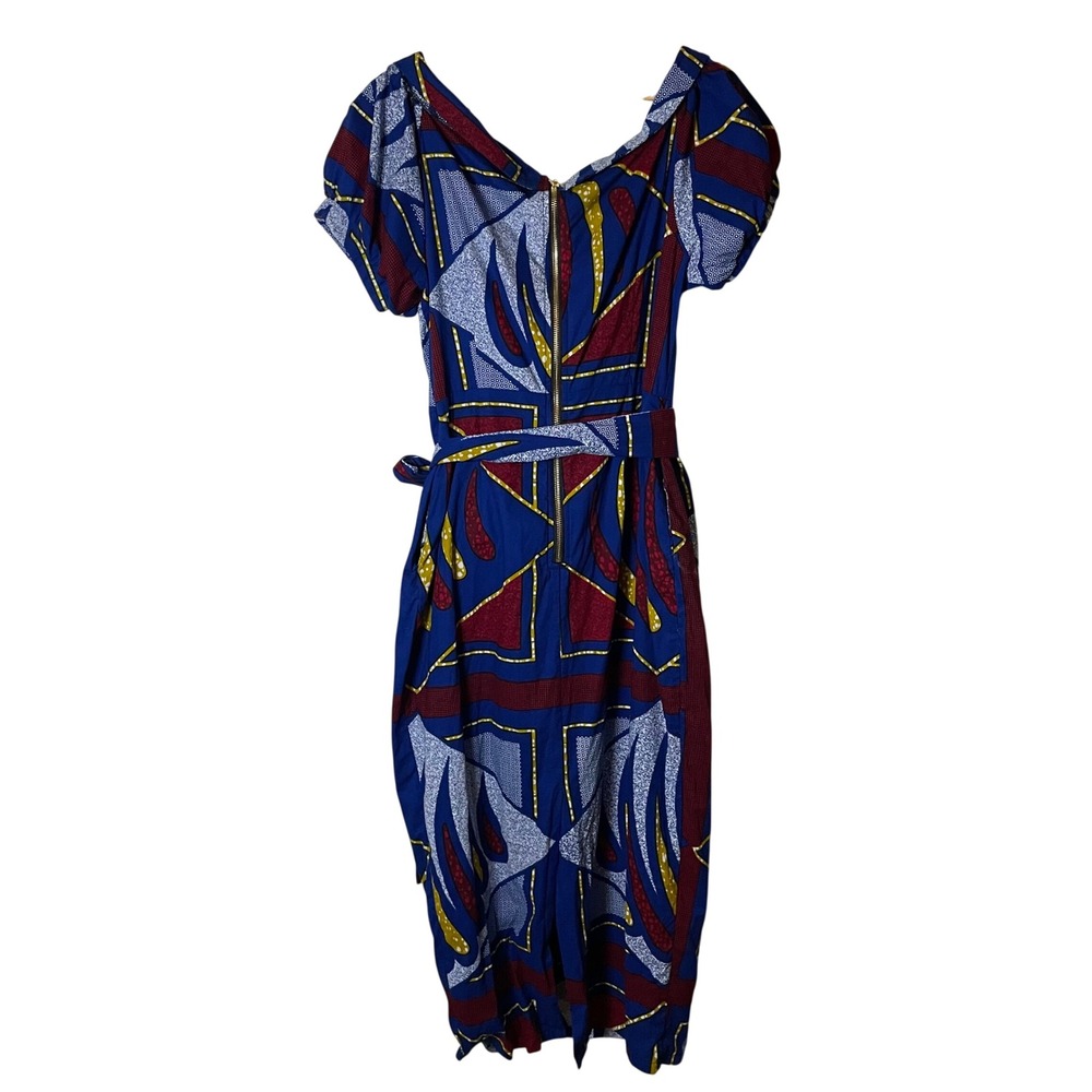 Mae Otti African Wax Print Cotton Midi Dress Faux Wrap Large Pockets Colorful - Picture 2 of 12